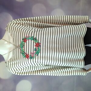 Croft & Barrow Pull Over Christmas Wreath Jersey Tee White Black Stripes sz XXL
